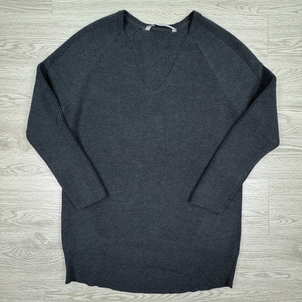 Athleta Womens Sweater V-Neck Merino Wool Blend Charcoal Gray Small Ribbed Knit